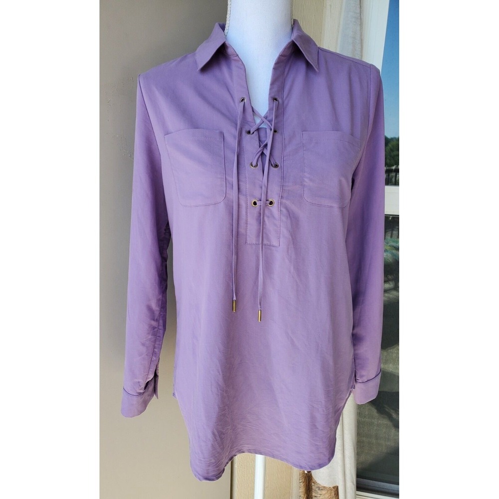 Chicos Purple Lace Up V-Neck Tunic Blouse Long Sleeve Grommet Top‎ Womens Small